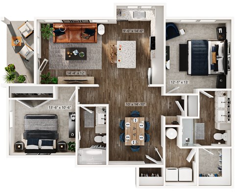Floor plan for 2 beds, 2 baths, 1123 sqft